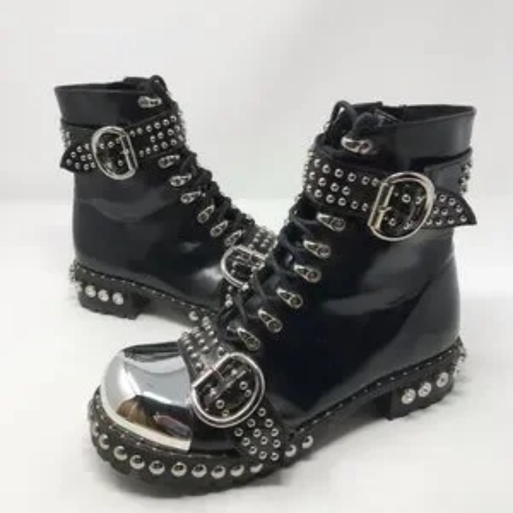 Jeffery Campbell Gustine Patent Faux Leather Metallic Cap Toe Combat Boots